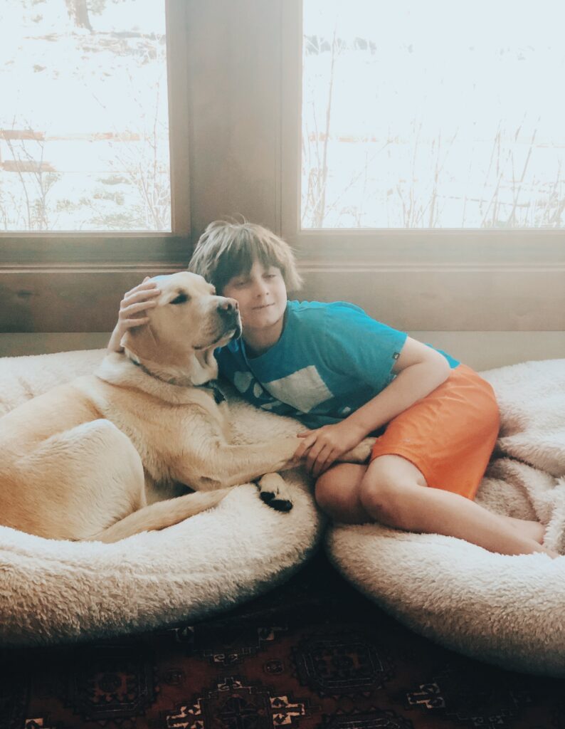 boy and dog on lambswool bean bag chairs