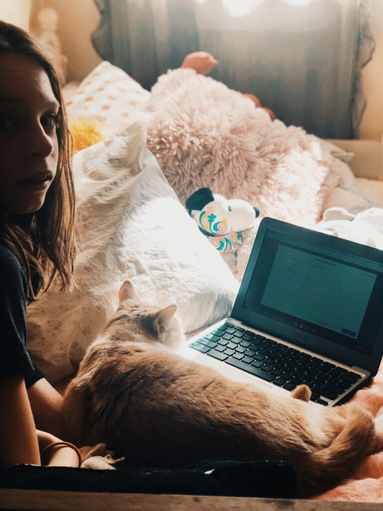 girl on computer with cat