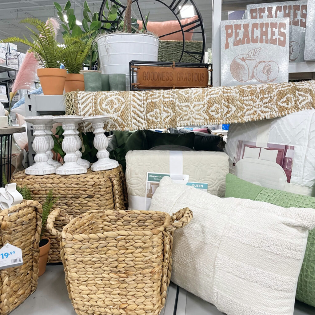Wicker baskets, spring pillows and other spring decorations