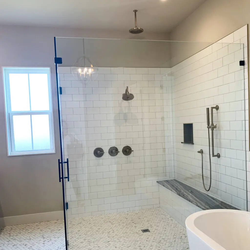 subway tile shower with waterfall showerhead