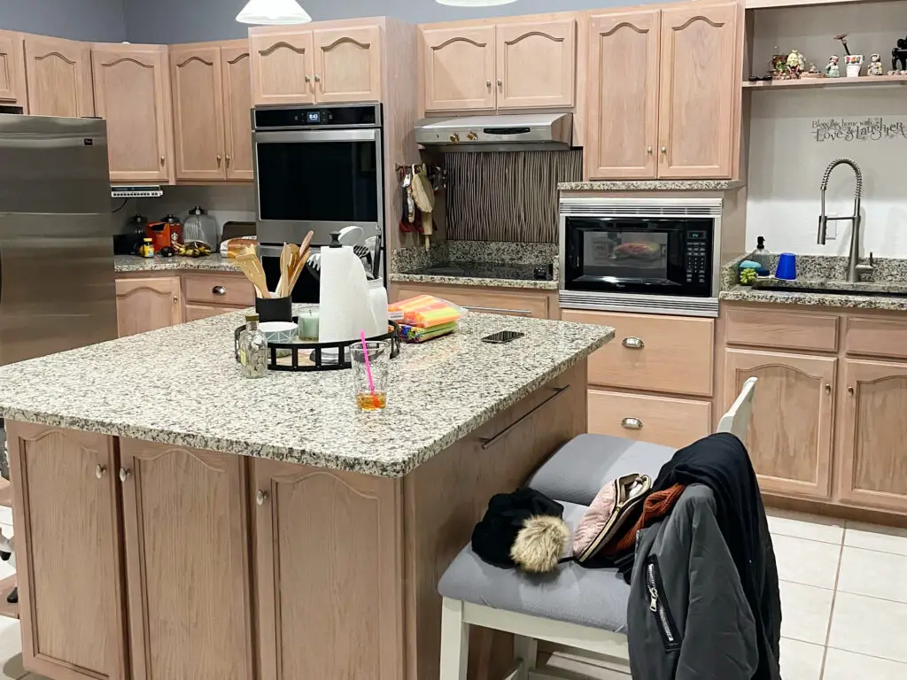 pinkish grey, weathered wood cabinet kitchen.