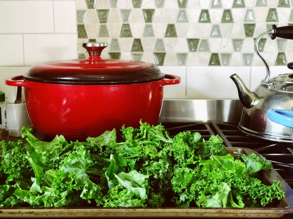 stove top with red dutch oven and fresh kale on a cookie sheet