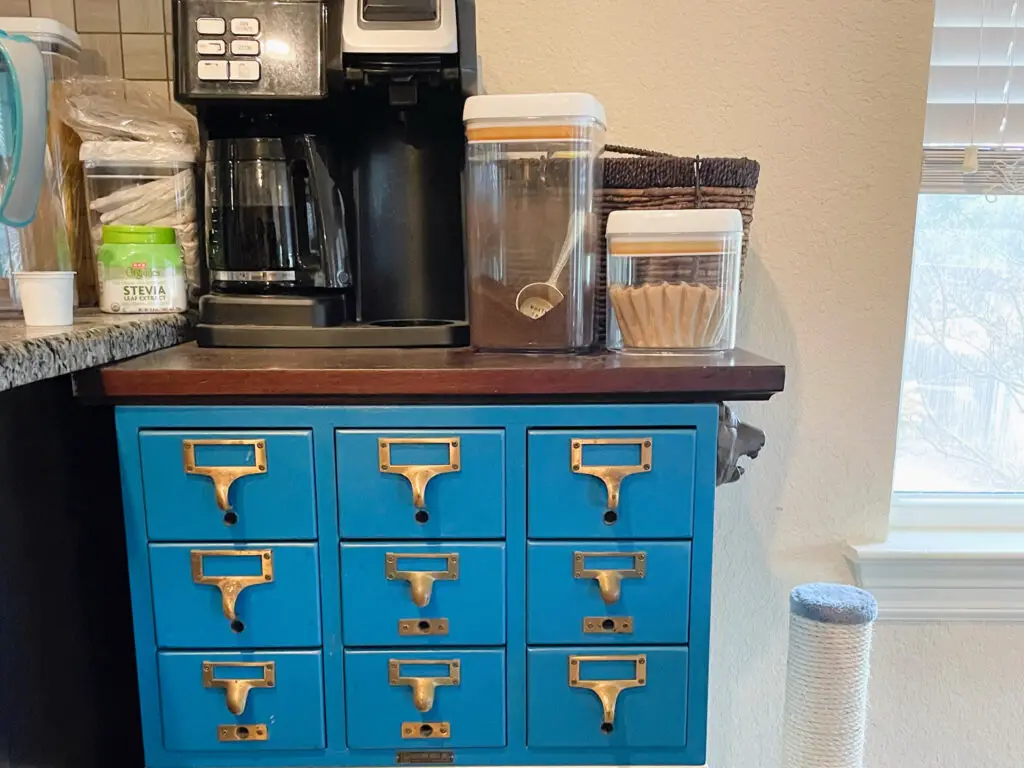 Library card cabinet as coffee nook cabinet