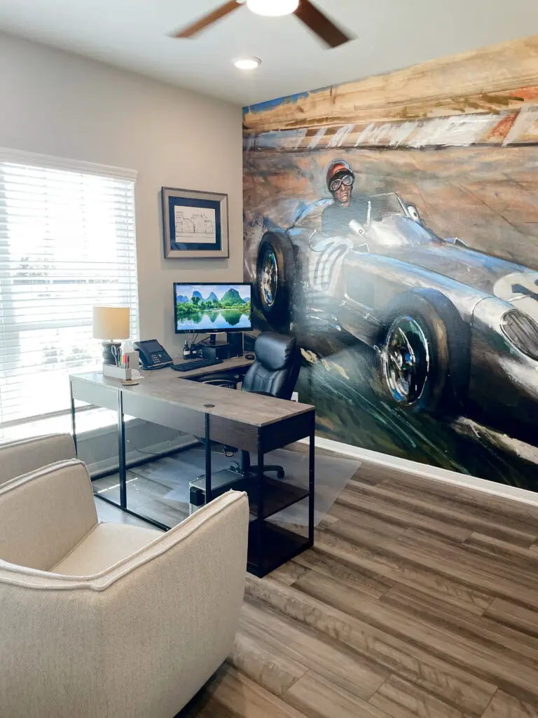 race car image wallpaper on men's, industrial office wall