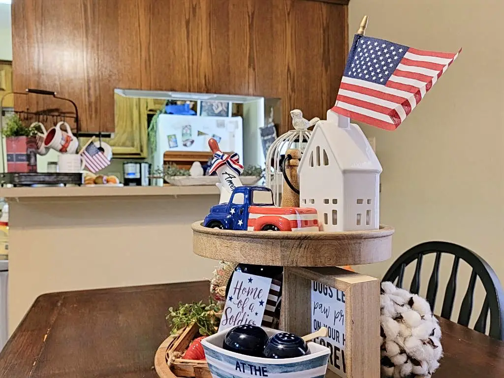 Tray on breakfast table with 4th of July decorations