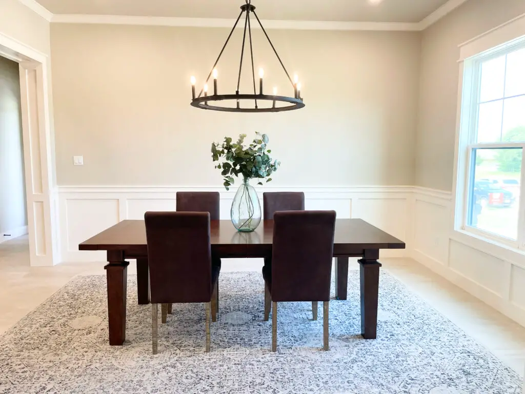 white and brown dining room with minimal decor
