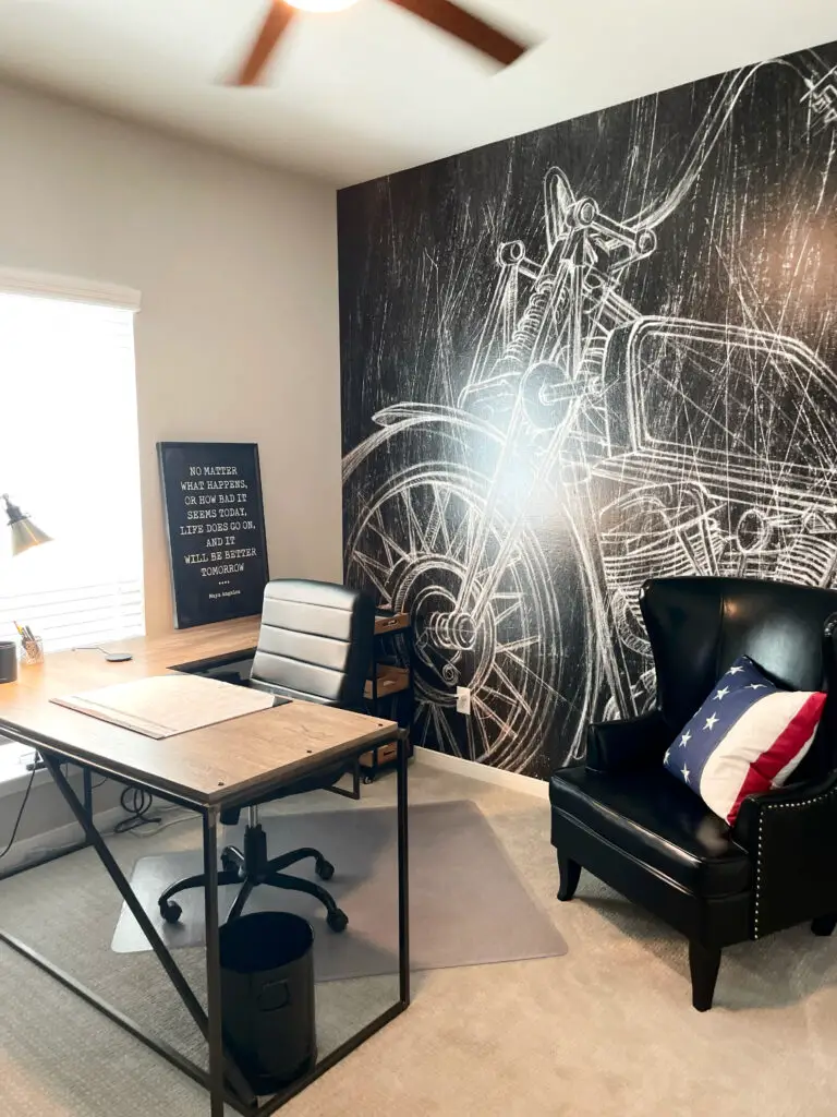 motorcycle wallpaper accent wall with word sign on desk