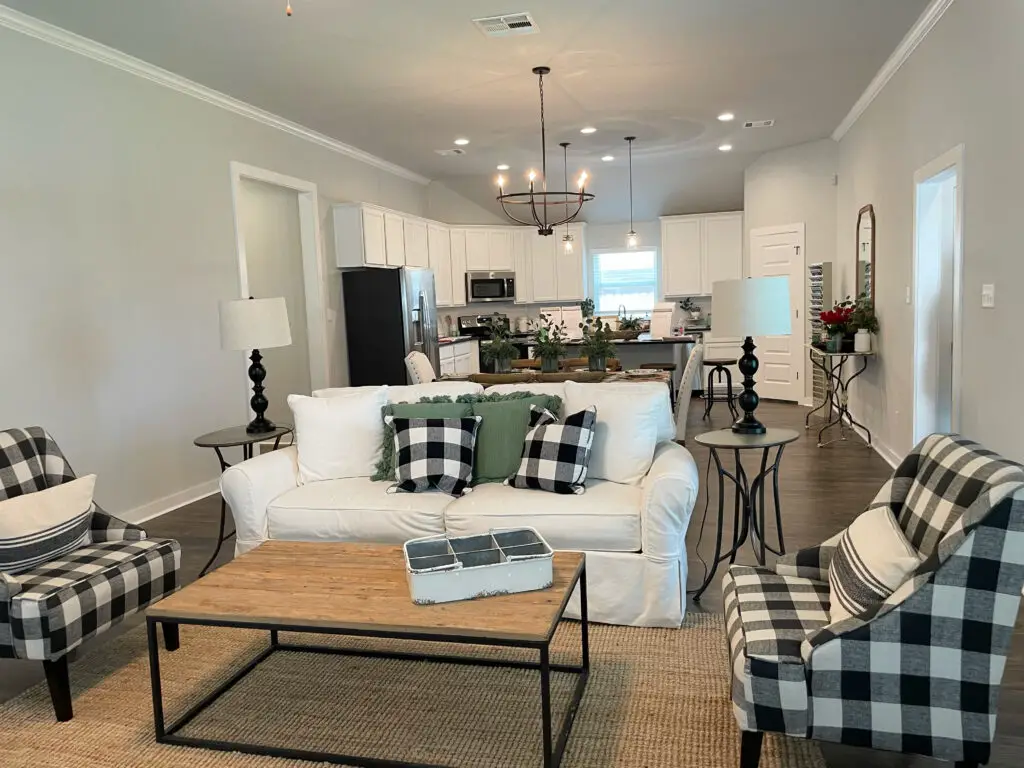 buffalo checked living room with white and green accents