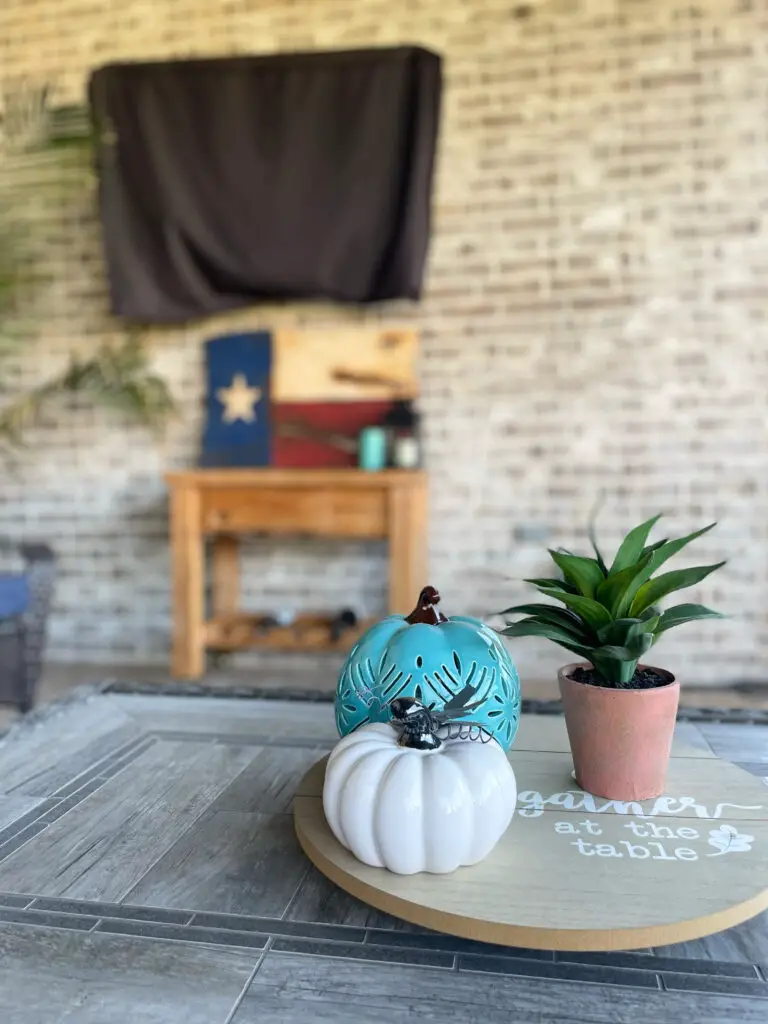 blue and white pumpkin on a Fall tray with small plant
