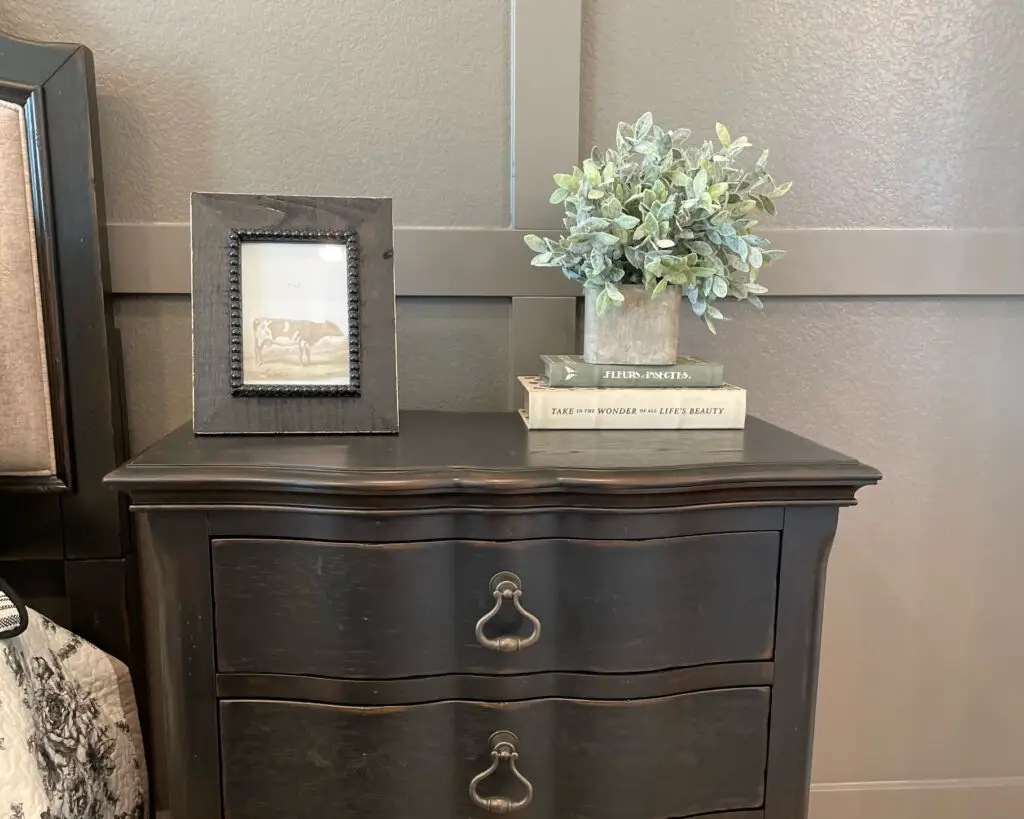 modern farmhouse nightstand with picture frame and plant