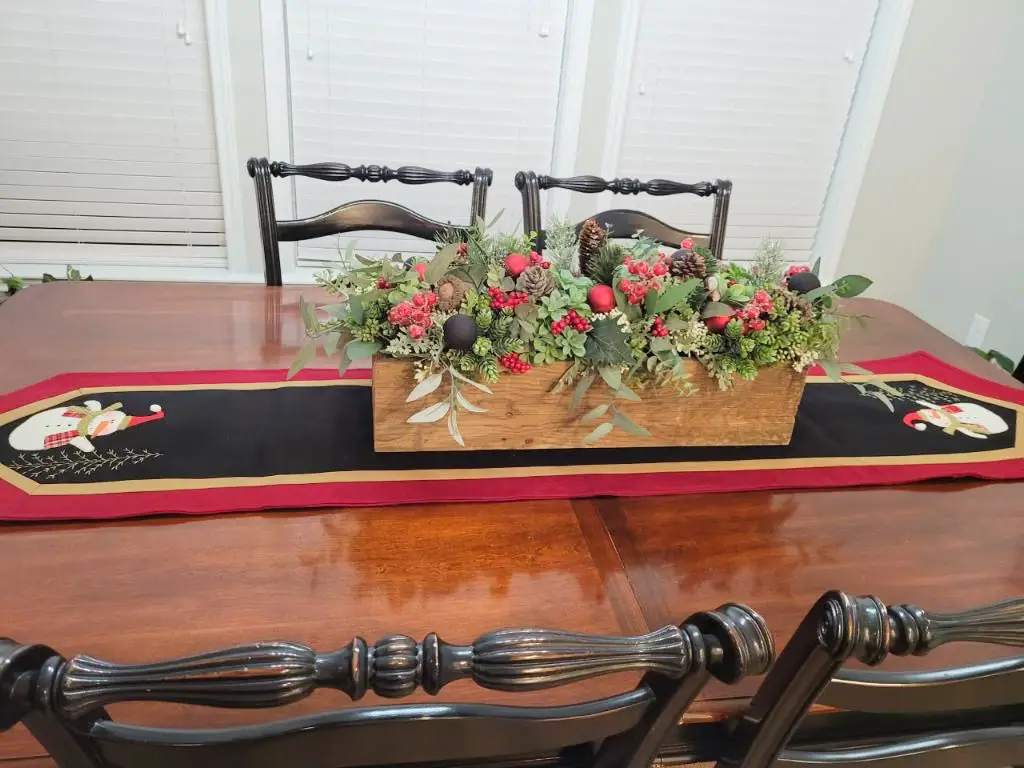red and black themed Christmas centerpiece