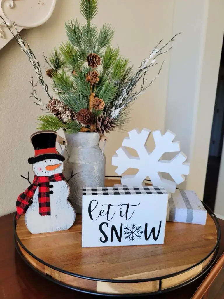 Christmas tray with let it snow sign and small decorative accents