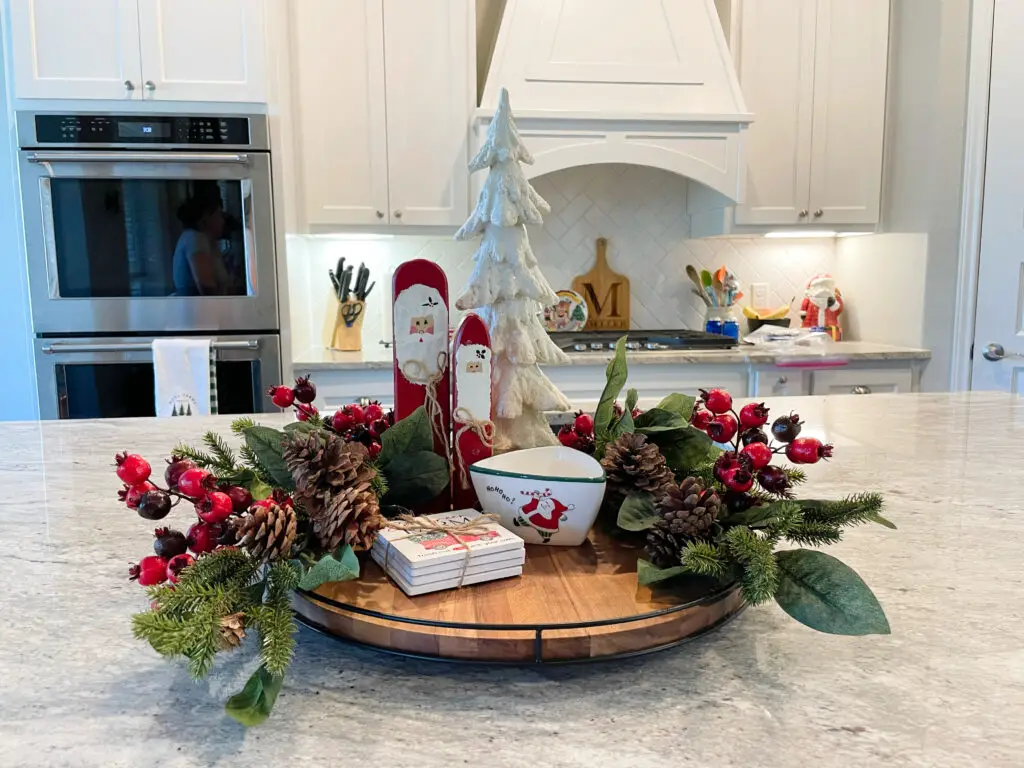 Red, white and green Christmas tray in white farmhouse kitchen