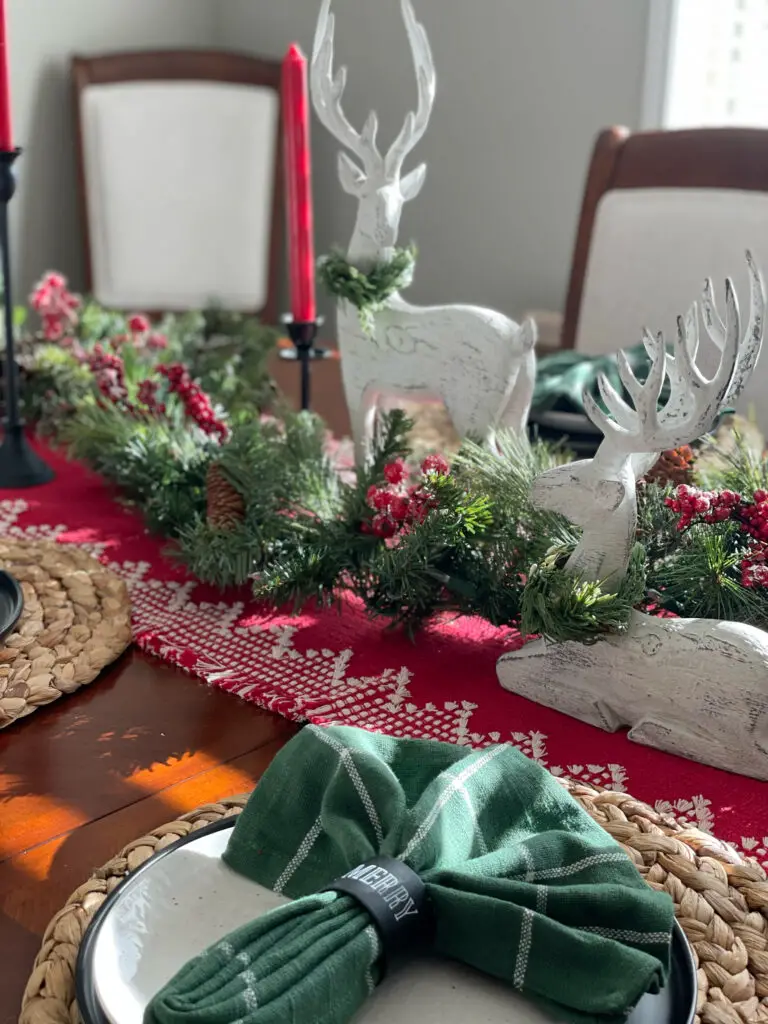 White deer in Christmas tablescape 