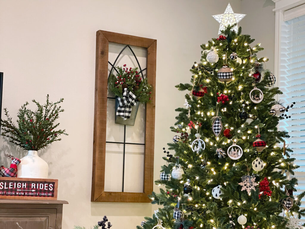 Christmas decorations next to Christmas tree