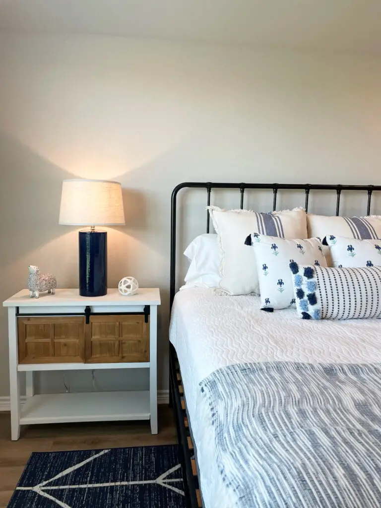 blue and white farmhouse bedroom