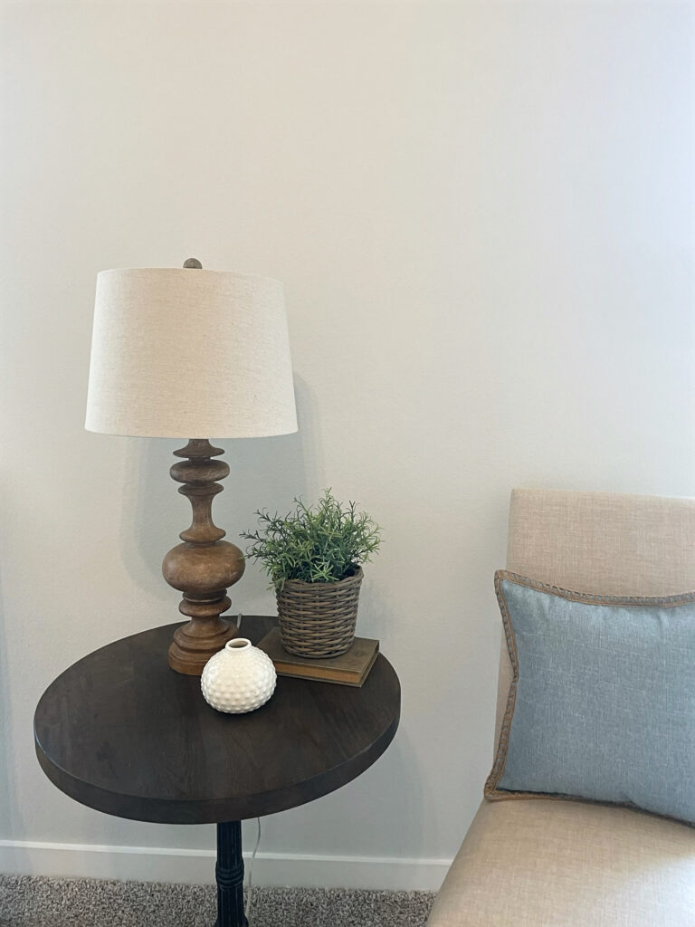 transitional styled side table with lamp, plant and vase
