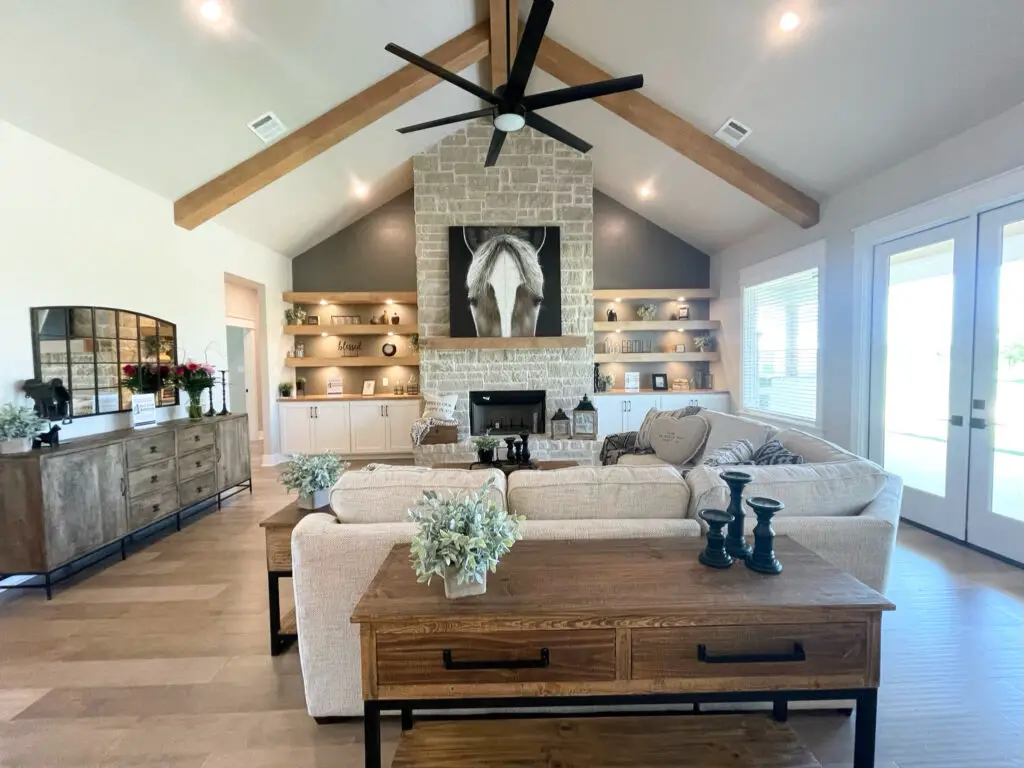 modern farmhouse living room with open concept floor plan