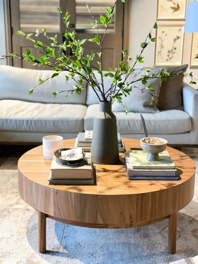 decorative book displays surrounding tall vase filled with greens on round coffee table